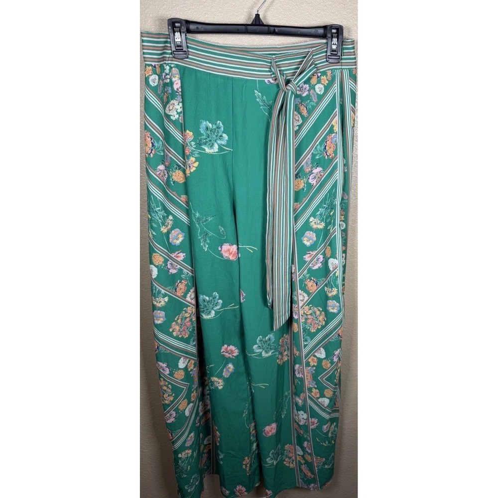 Jealous Tomato Green Floral Wide Leg Pants Tie Waist High Rise Women's L Boho